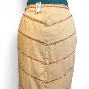 Unique Vintage Tan Midi Skirt with Red Accents